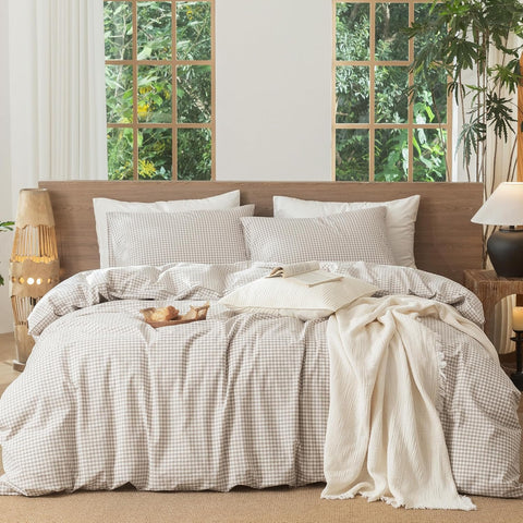 MooMee Gingham Duvet Cover Set 100% Washed Cotton Linen Like