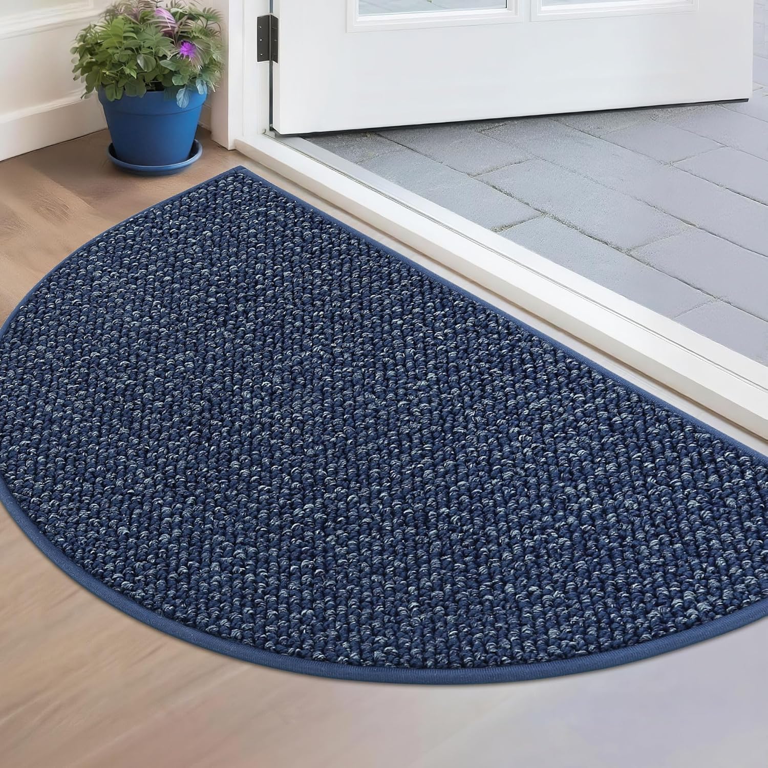 BEQHAUSE Dirt Trapper Door Mat 17" x 30" Half Circle Non Slip Rugs, Blue