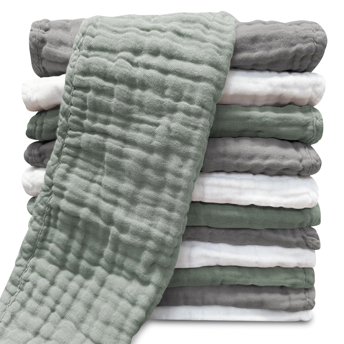 Sunny zzzZZ Muslin Burp Cloths for Baby 100% Cotton Burping Cloths for Unisex, Boy, Girl - Large 20'' by 10'' Newborn Essentials Ultra Soft Absorbent Milk Spit Up Rags - 12 Pack - White+Green+Grey