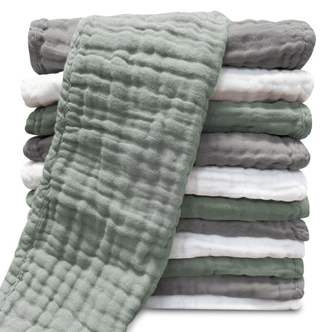 Sunny zzzZZ Muslin Burp Cloths for Baby 100% Cotton Burping Cloths for Unisex, Boy, Girl - Large 20'' by 10'' Newborn Essentials Ultra Soft Absorbent Milk Spit Up Rags - 12 Pack - White+Green+Grey