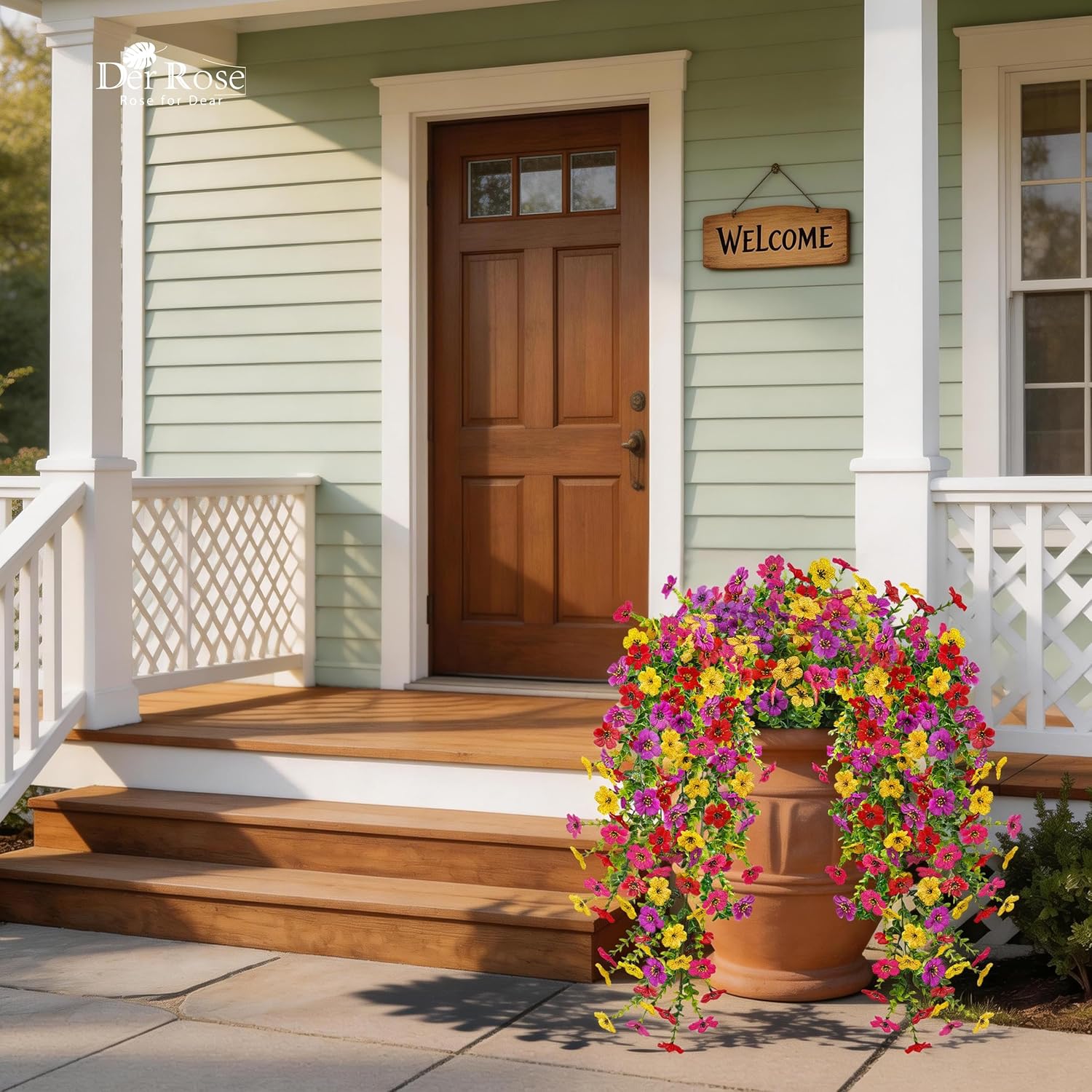Der Rose UV Resistant Artificial Hanging Flowers for Outdoors, 2Pcs Silk Fake Dasiy Faux Hanging Flowers for Outdoor Planter Porch Balcony Yard Decor