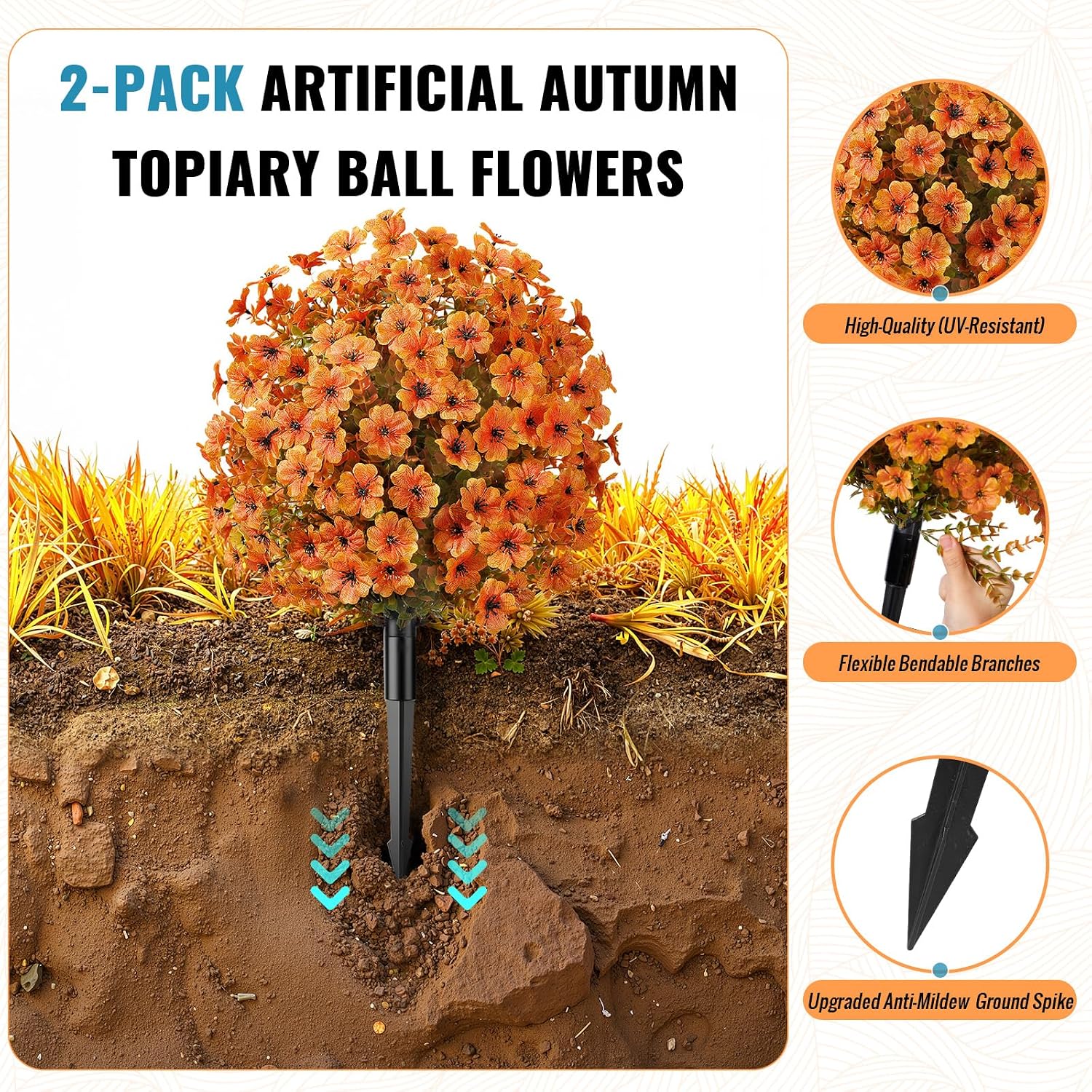 Alupssuc 2Pcs Artificial Fall Ball Flowers for Outdoors Decor, Fake Plants