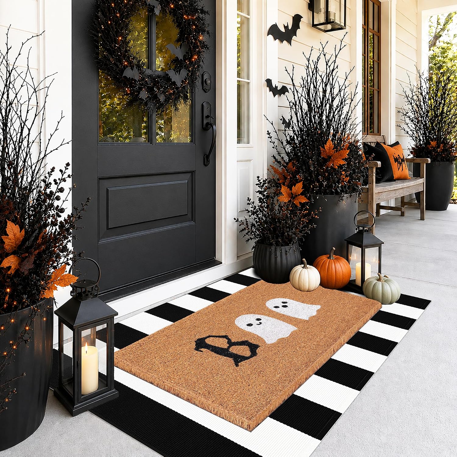 Halloween Door Mat Combo Set, Boo Ghost Coco Coir Welcome Doormat + 28" x 43" Black and White Plaid Rug, Autumn Halloween Front Porch Entryway Decor Floor Mat