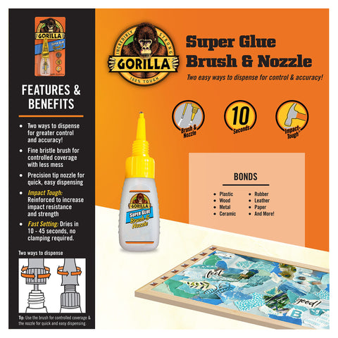 Gorilla Super Glue with Brush & Nozzle Applicator, 12 Gram, Clear, (Pack of 2)