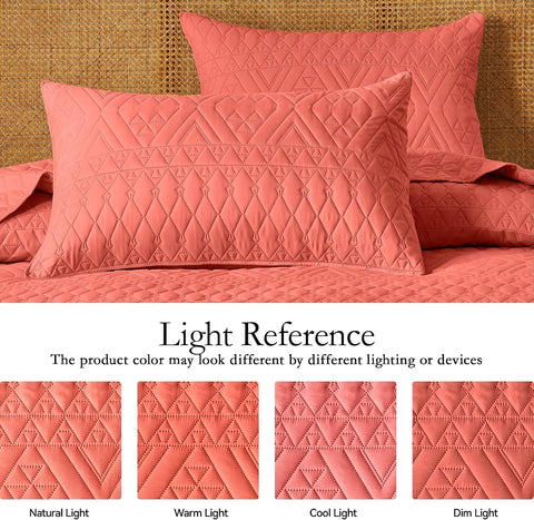 akkialla 118"x106" Coral California King Quilt Set, Oversized Floor-Length Bedspread, Boho Geometric Pattern Microfiber Coverlet, 3-Piece All Season Bedding with 2 Pillow Shams