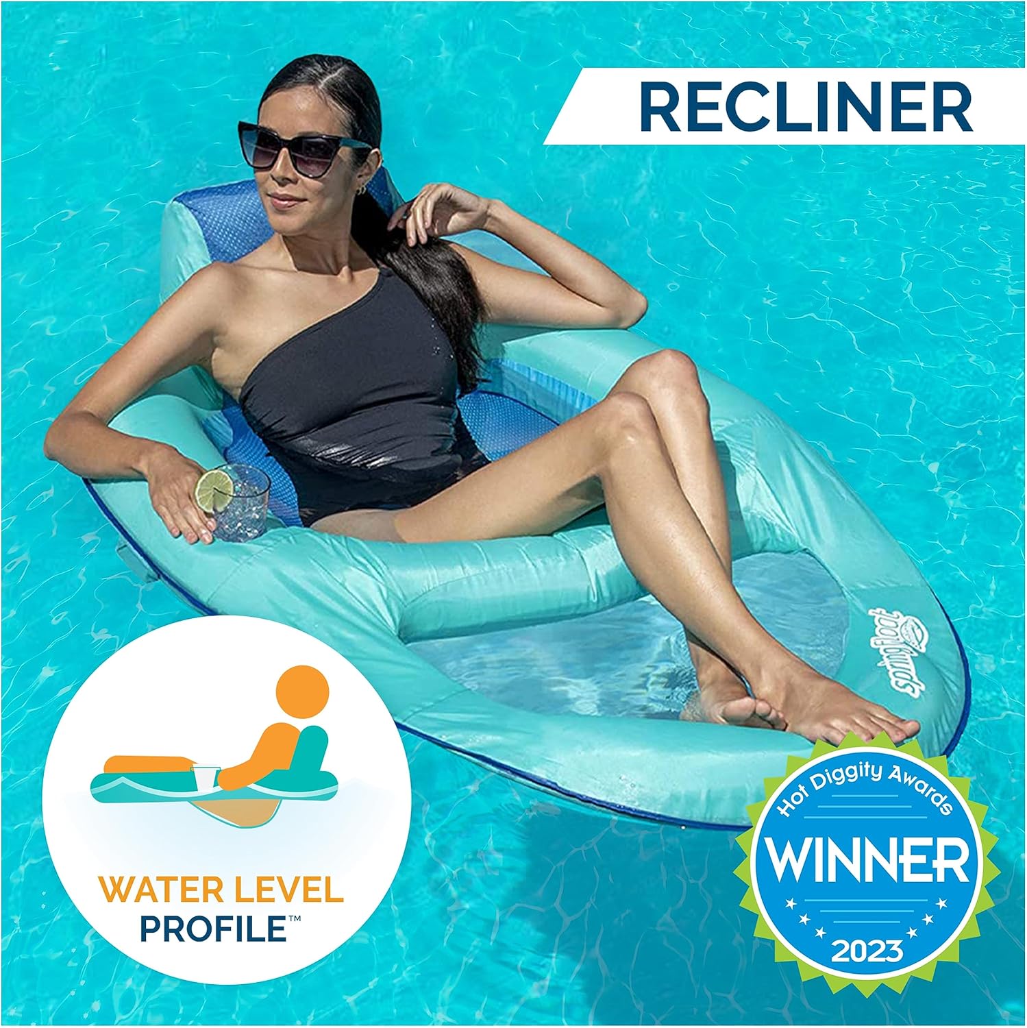SwimWays Spring Float Recliner Chair for Swimming Pool, Inflatable Pool Floats Adult with Fast Inflation, Cup Holder & Foot Rest for Ages 15 & Up, Aqua