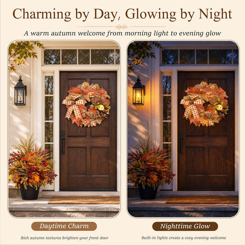 24 Inch Fall Wreaths for Front Door, Pumpkin Autumn Wreath