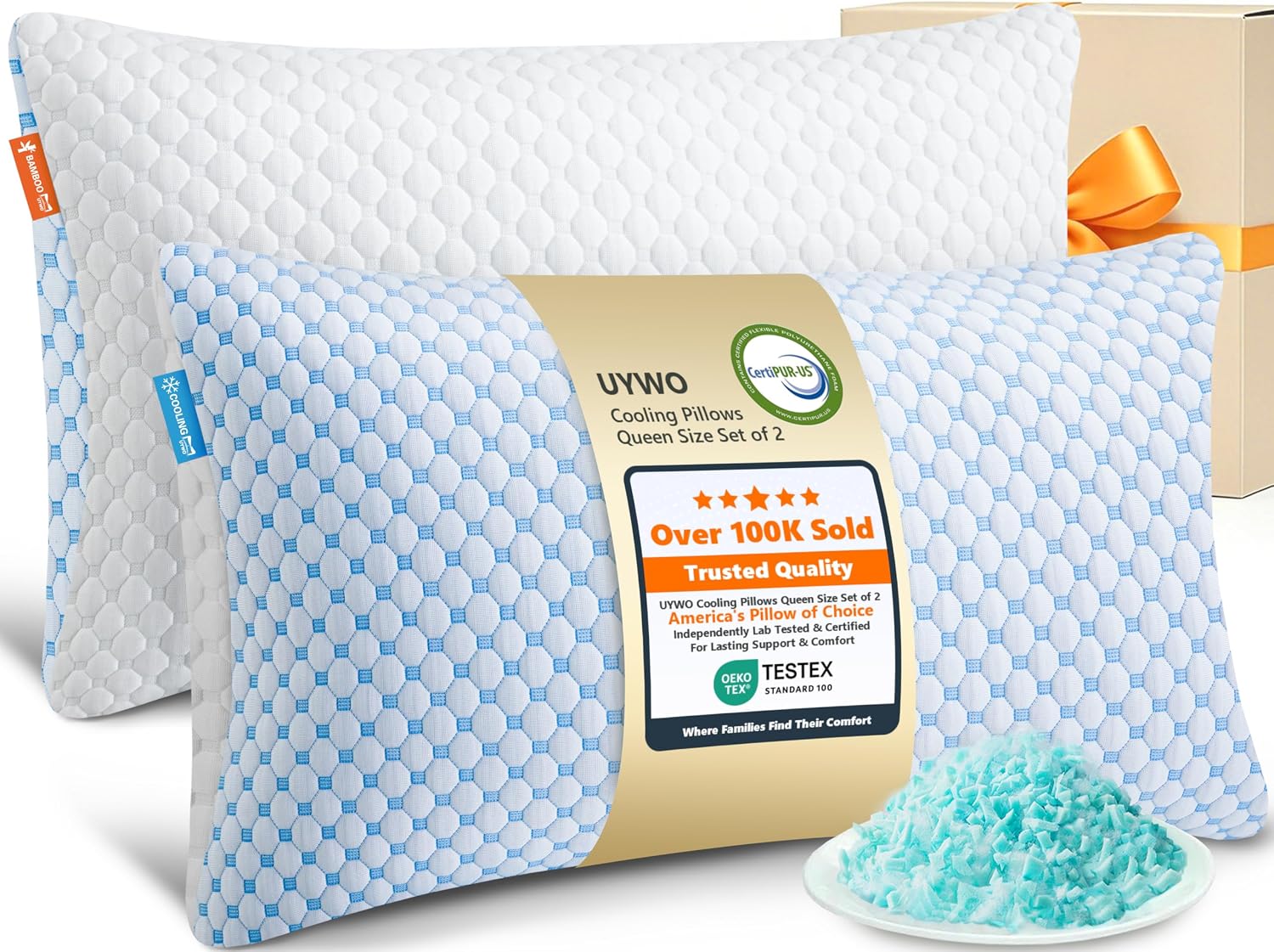 UYWO Cooling Memory Foam Pillows Queen Size Set of 2, Blue
