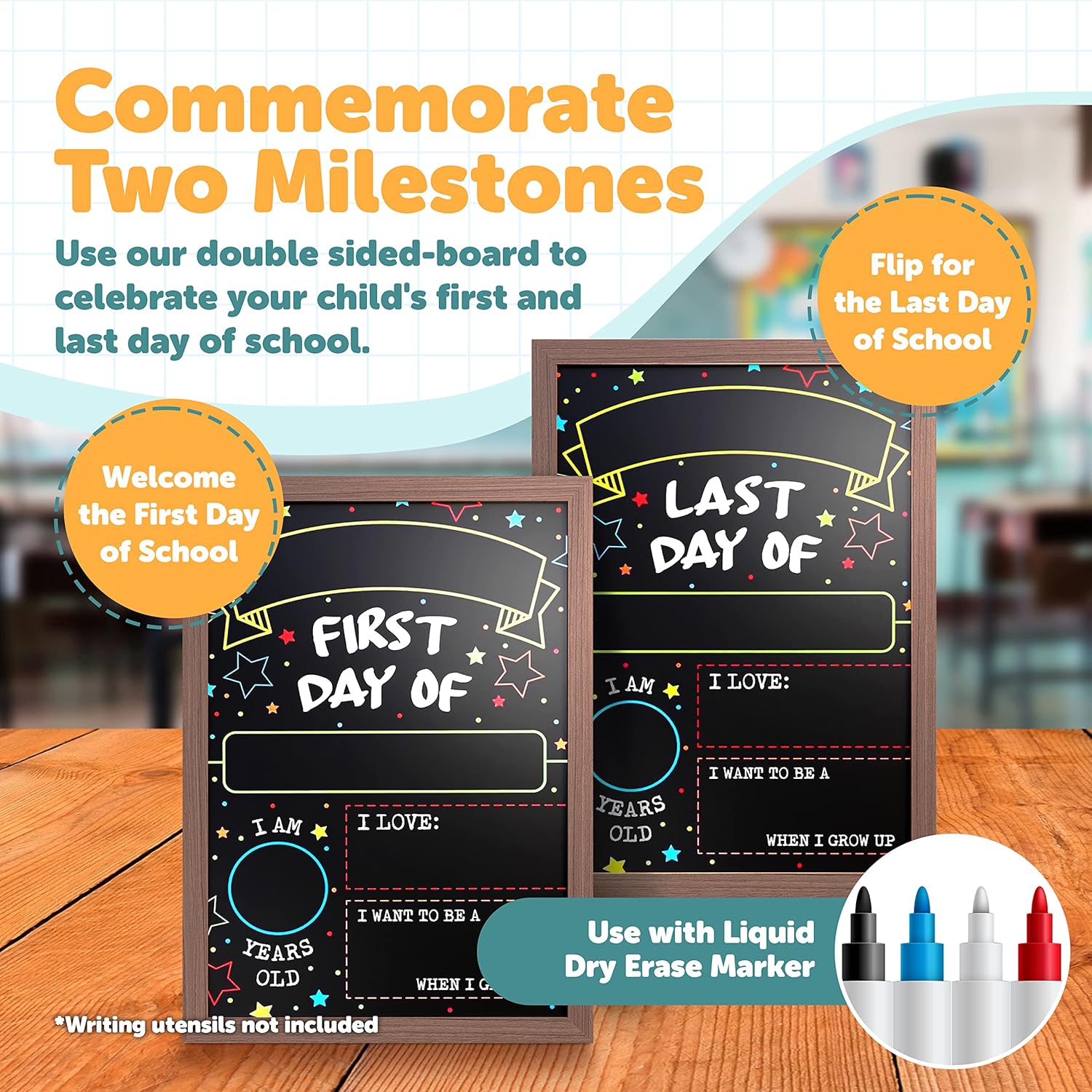 First Day Last Day of School Double Sided Sign with Frame (Reusable Dry Erase Board for Liquid Chalk Markers - 9.17" x 13.27") | Double Sided and Reusable - For use with Liquid Chalk Markers