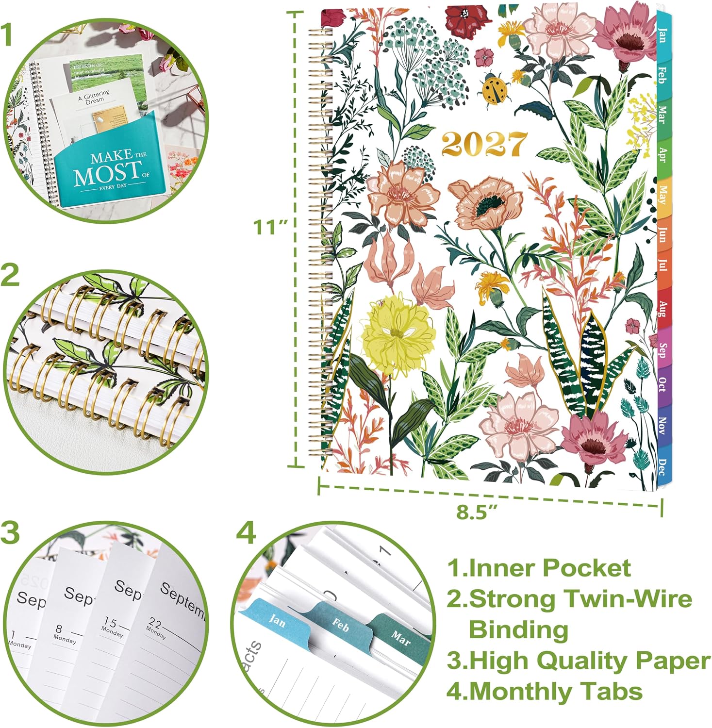 2027 Planner – Weekly ＆ Monthly Planner 2027, Jan. 2027 – Dec. 2027, 8.5" x 11" with Colorful Tabs, Flexible Cover, Thick Paper, Twin-Wire Binding, Back Pocket, To-Do ＆ Notes