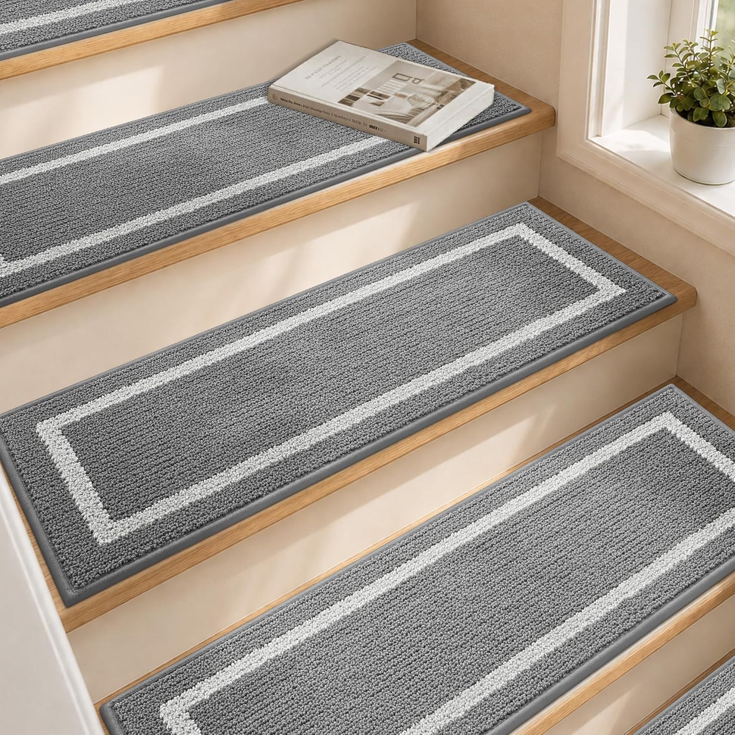 COSY HOMEER Soft Stair Treads 15pcs Non-Slip Carpet Mat 28inX9in,Grey