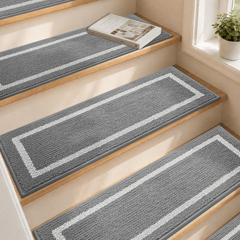 COSY HOMEER Soft Stair Treads 15pcs Non-Slip Carpet Mat 28inX9in,Grey