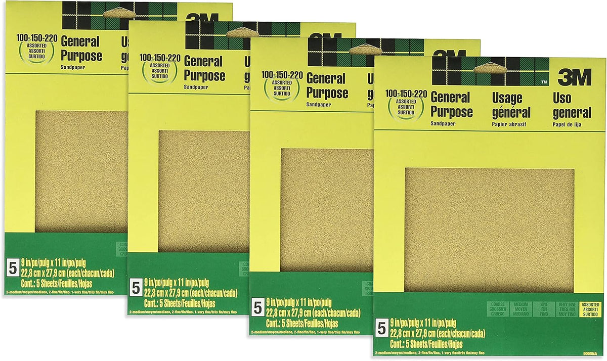 3M Aluminum Oxide Sandpaper, 5 Sheets, Assorted Grit 100-150-220, 9-in x 11-in, Multi-Purpose Abrasive Sanding Paper, for General Purpose Sanding On Paint, Wood and Metal (9005NA) (Pack of 4)
