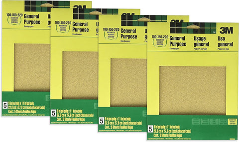 3M Aluminum Oxide Sandpaper, 5 Sheets, Assorted Grit 100-150-220, 9-in x 11-in, Multi-Purpose Abrasive Sanding Paper, for General Purpose Sanding On Paint, Wood and Metal (9005NA) (Pack of 4)