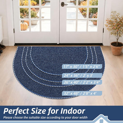 BEQHAUSE Dirt Trapper Door Mat 17" x 30" Half Circle Non Slip Rugs, Blue