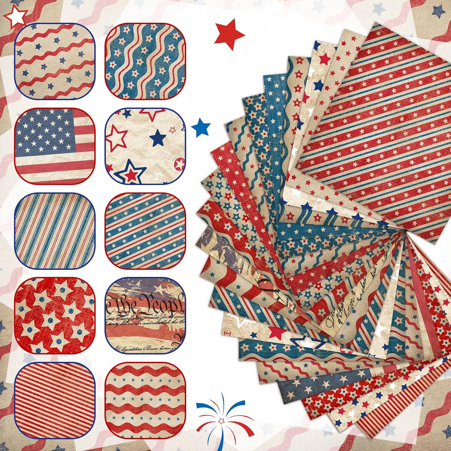 Ganeen 60 Pcs 10 x 10 Inch Vintage Red White Blue Quilting Fabric Squares