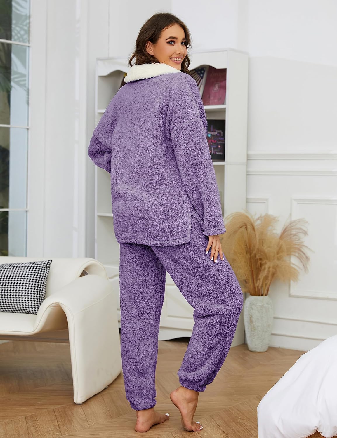 UANEO Womens Fluffy Pajamas Set Soft Fleece Pullover Pants Loose Sleepwear Loungewear Set
