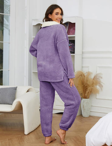 UANEO Womens Fluffy Pajamas Set Soft Fleece Pullover Pants Loose Sleepwear Loungewear Set