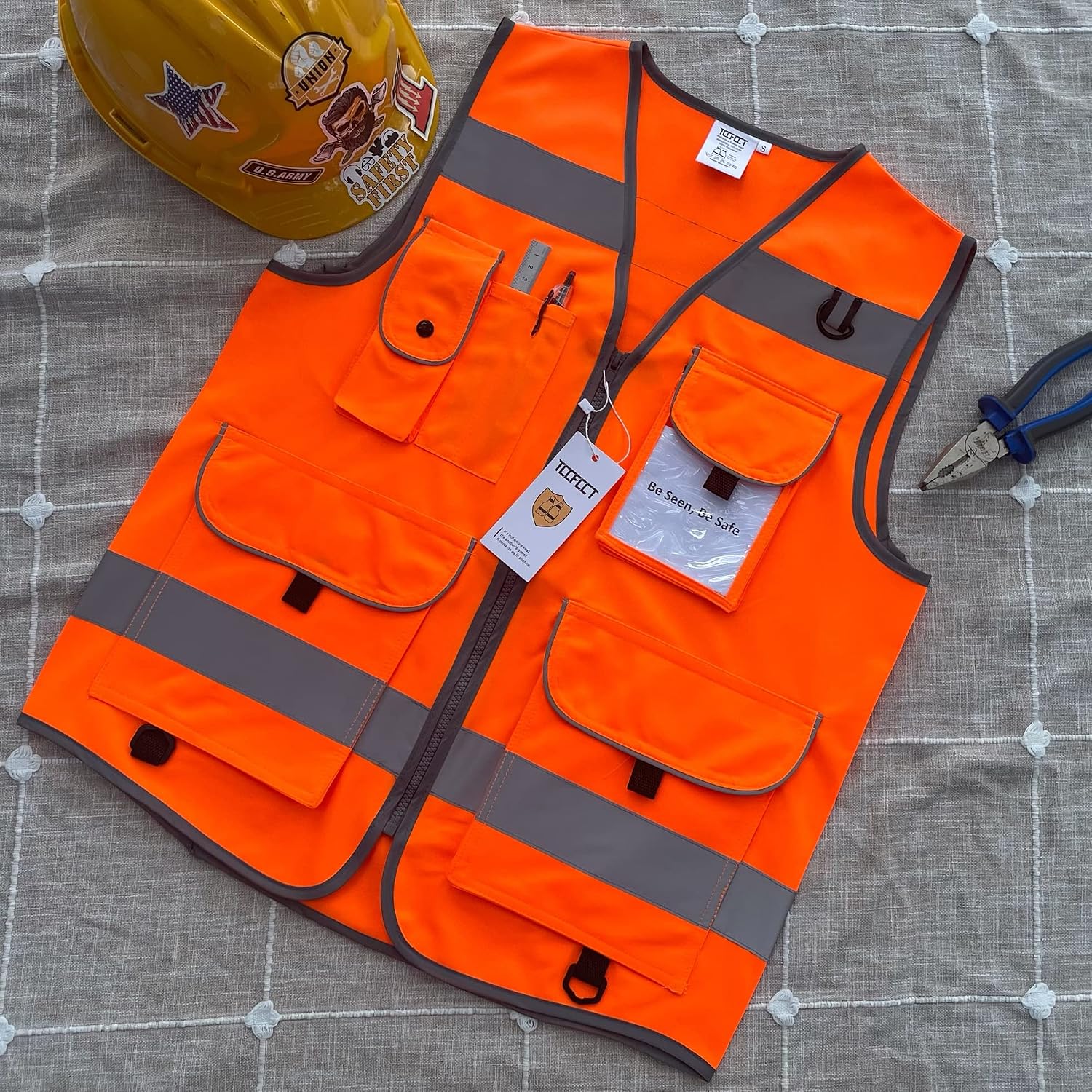 TCCFCCT Hi Vis Vest 9 Pockets High Visibility Safety Vest for Men, Orange M