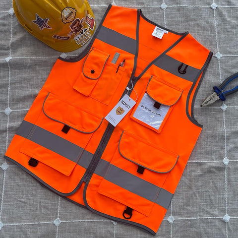 TCCFCCT Hi Vis Vest 9 Pockets High Visibility Safety Vest for Men, Orange M