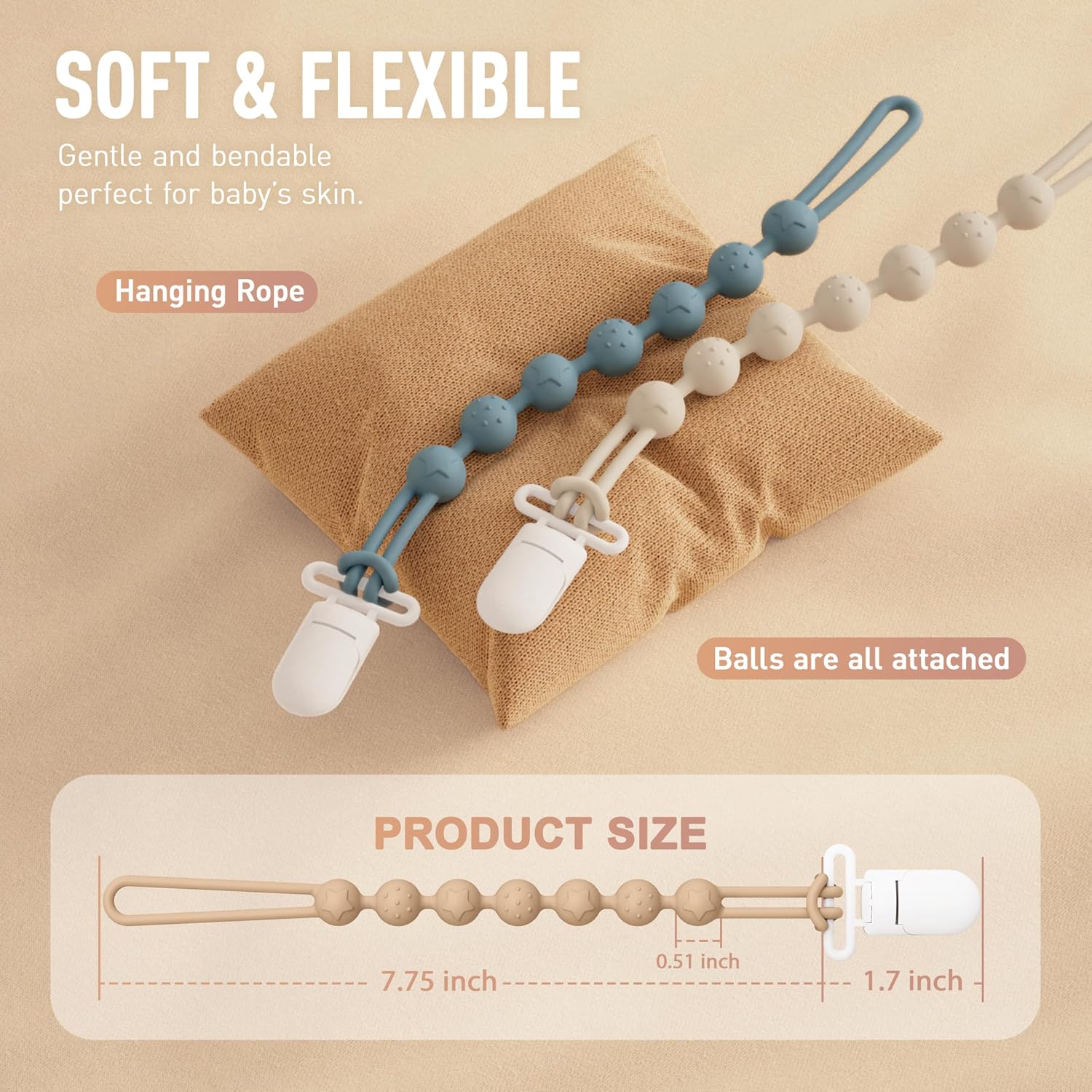 Cuddle Campus Silicone Pacifier Clip Holder with One Piece Design,Soft Flexible Binky Clips with Texture for Baby Boy and Girl Pack of 4 (0-6m)