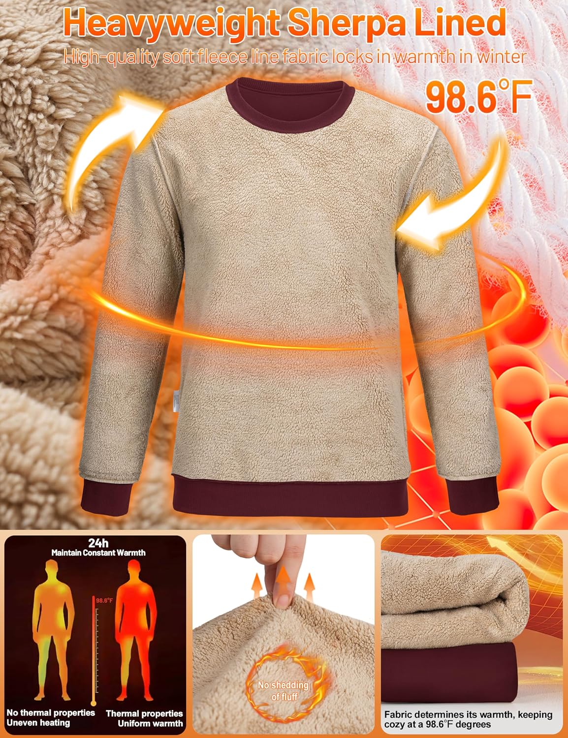 TACVASEN Men's Crewneck Sweatshirt Warm Sherpa Lined Thermal Sweatshirts Heavyweight Long Sleeve Winter Fleece Pullover Shirt