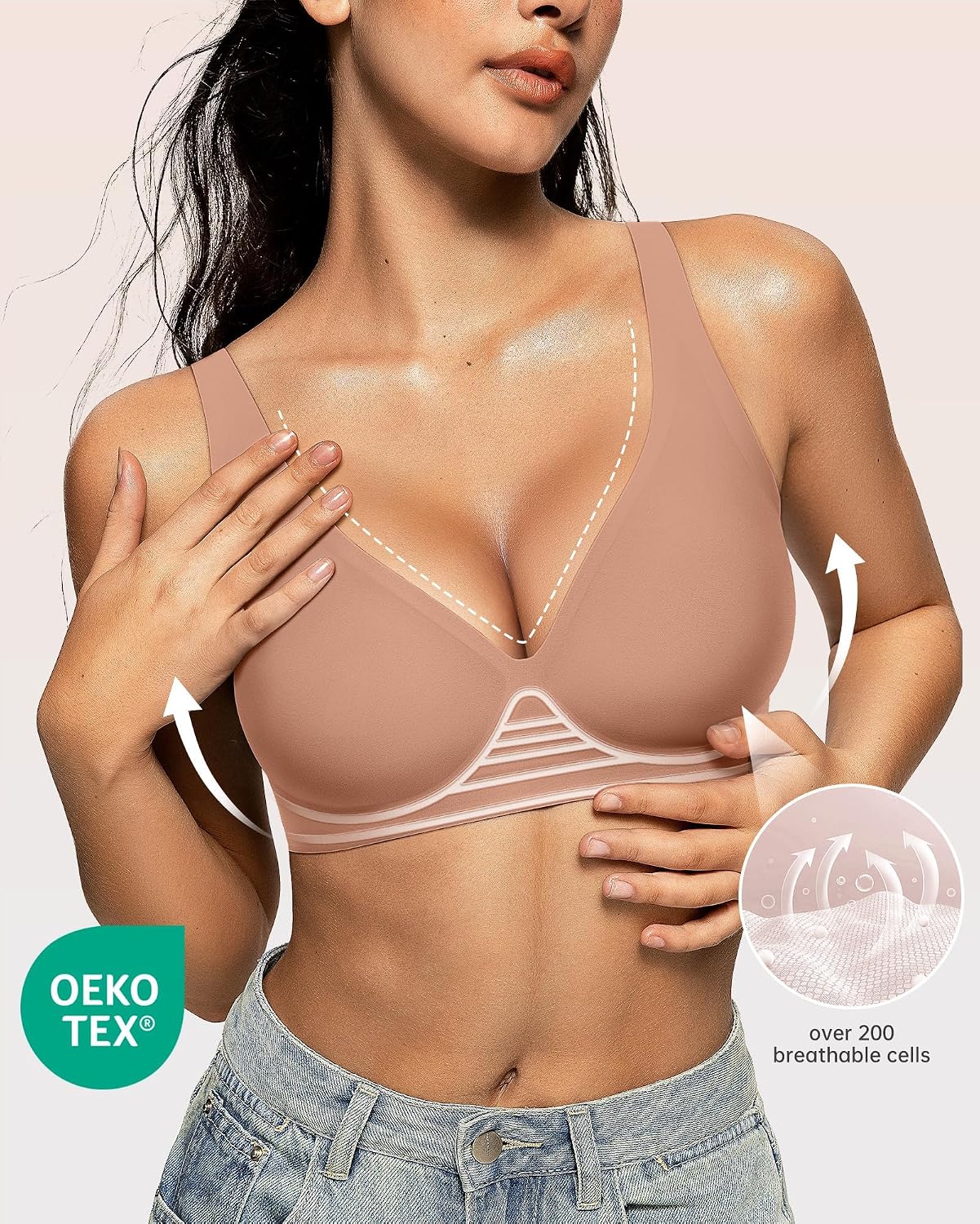OEAK Womens Jelly Bras Wireless Deep V Bralette Comfy Push Up Tshirt Bras