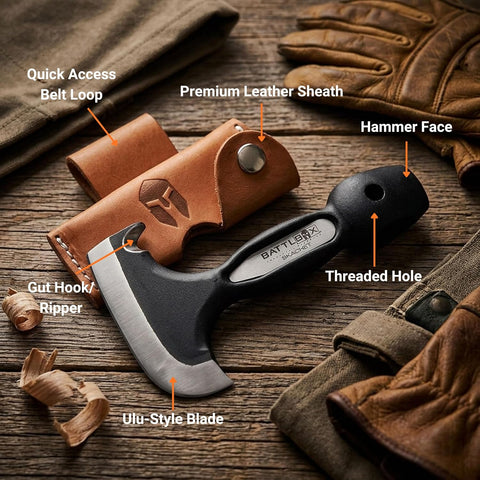 BattlBox Skachet Axe Head Skinner, Carbon Steel Hatchet, Leather Sheath