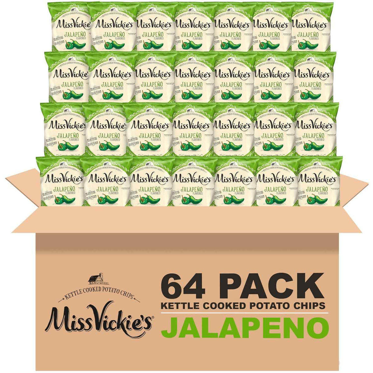 Miss Vickie's Kettle Cooked Potato Chips, Jalapeno, 1.375 Ounce (Pack of 64)
