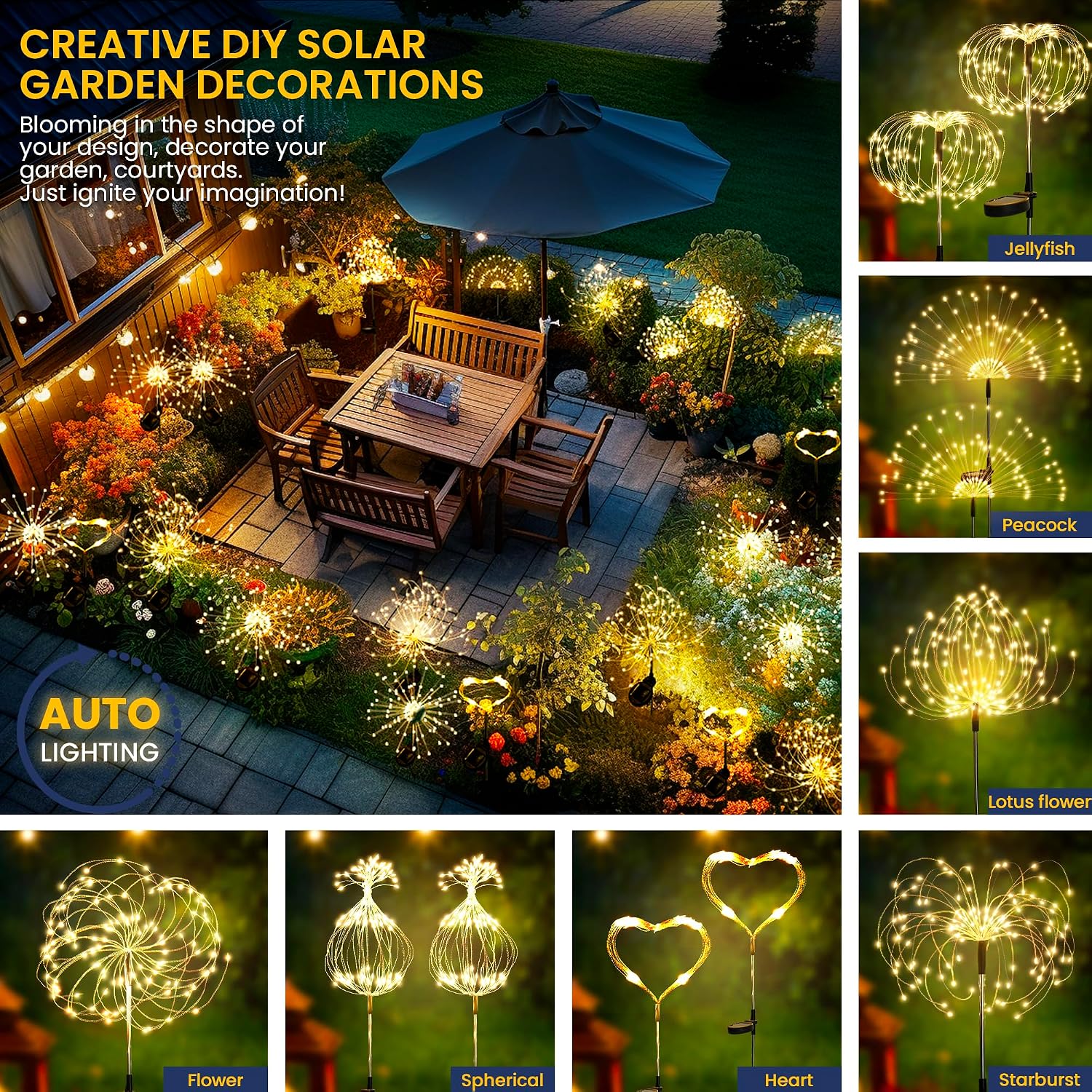 GIGALUMI 6 Pack Solar Firework Lights Outdoor, Garden Decor, Warm White