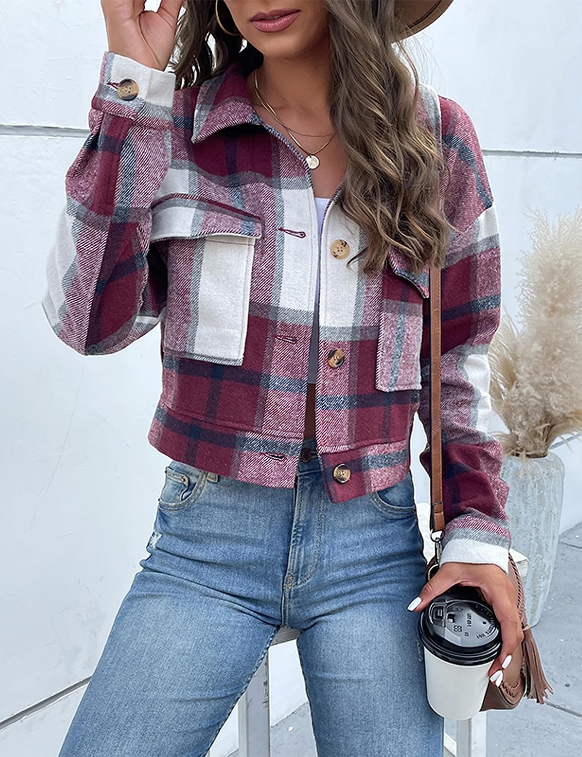Women's Flannel Cropped Plaid Shacket Jacket Button Up Fall Jacket