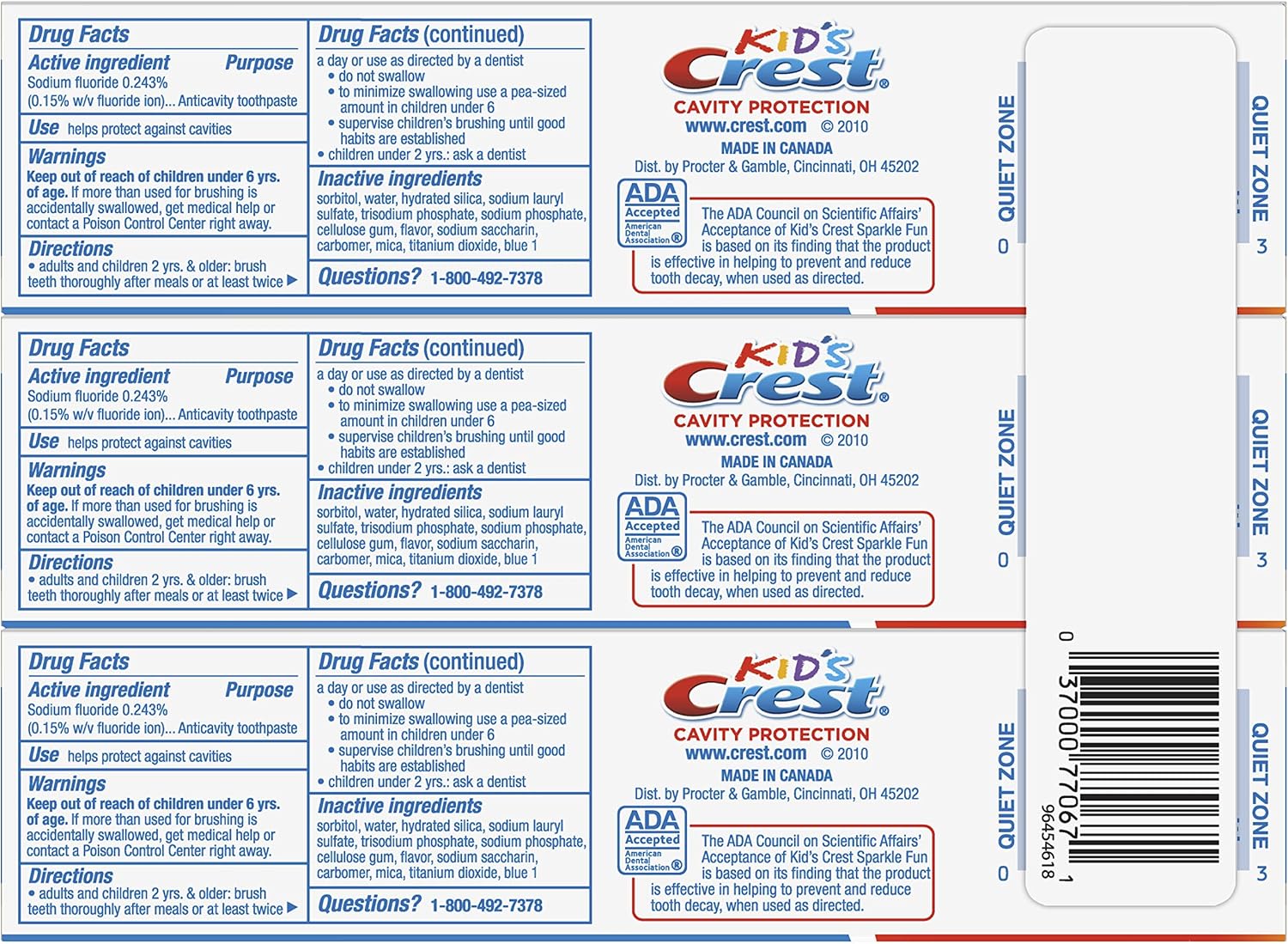 Crest Kid's Cavity Protection Toothpaste, Crest Kids Toothpaste, For Children And Toddlers 2+, Sparkle Fun, 4.6 Oz (Pack of 3), Toothpaste For Kids, Packaging may vary