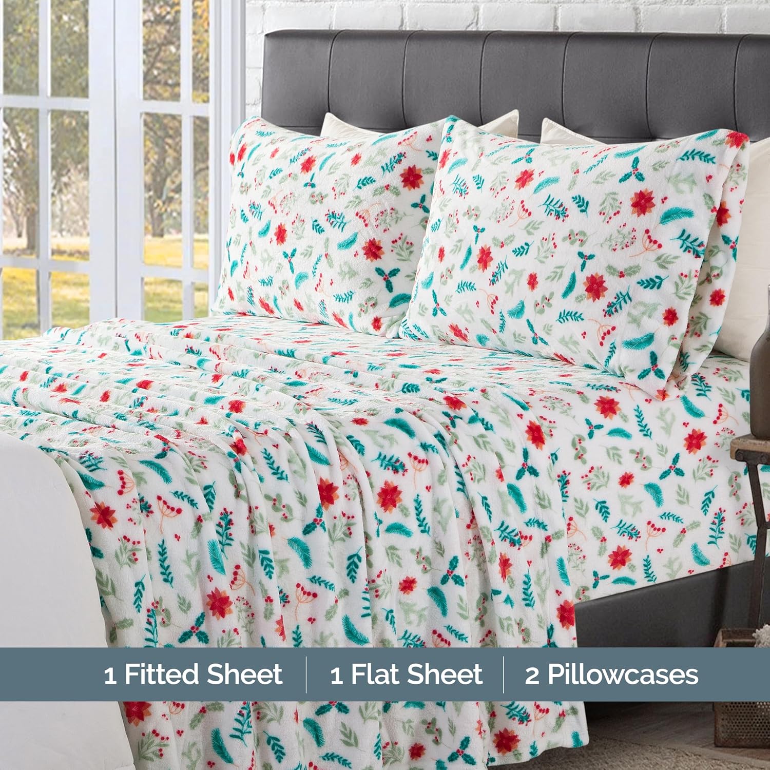 Elegant Comfort Luxuriously Soft 4-Piece Holiday Velvet Plush Flannel Sheet Set - Premium Quality - Cozy Warm, Christmas Fuzzy Velvet Flannel Fleece Deep Pocket Sheet Set - Full, Winter Bloom