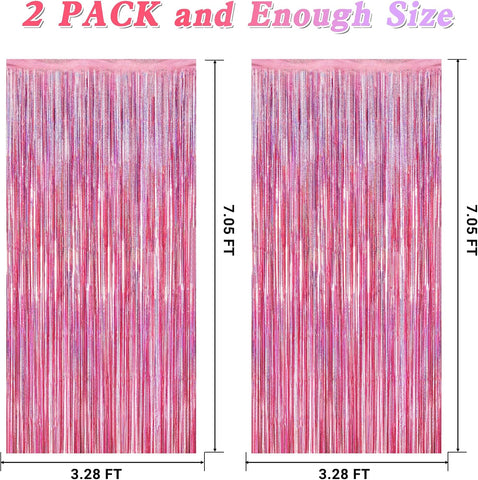 2 Pack Glitter Pink Backdrop, 3.28 FT x 7.05 FT Birthday Party Decorations, Laser Pink Fringe Curtains Foil Streamer Tinsel, Pink Curtains Photo Backdrop Happy Birthday Valentines Day Backdrop