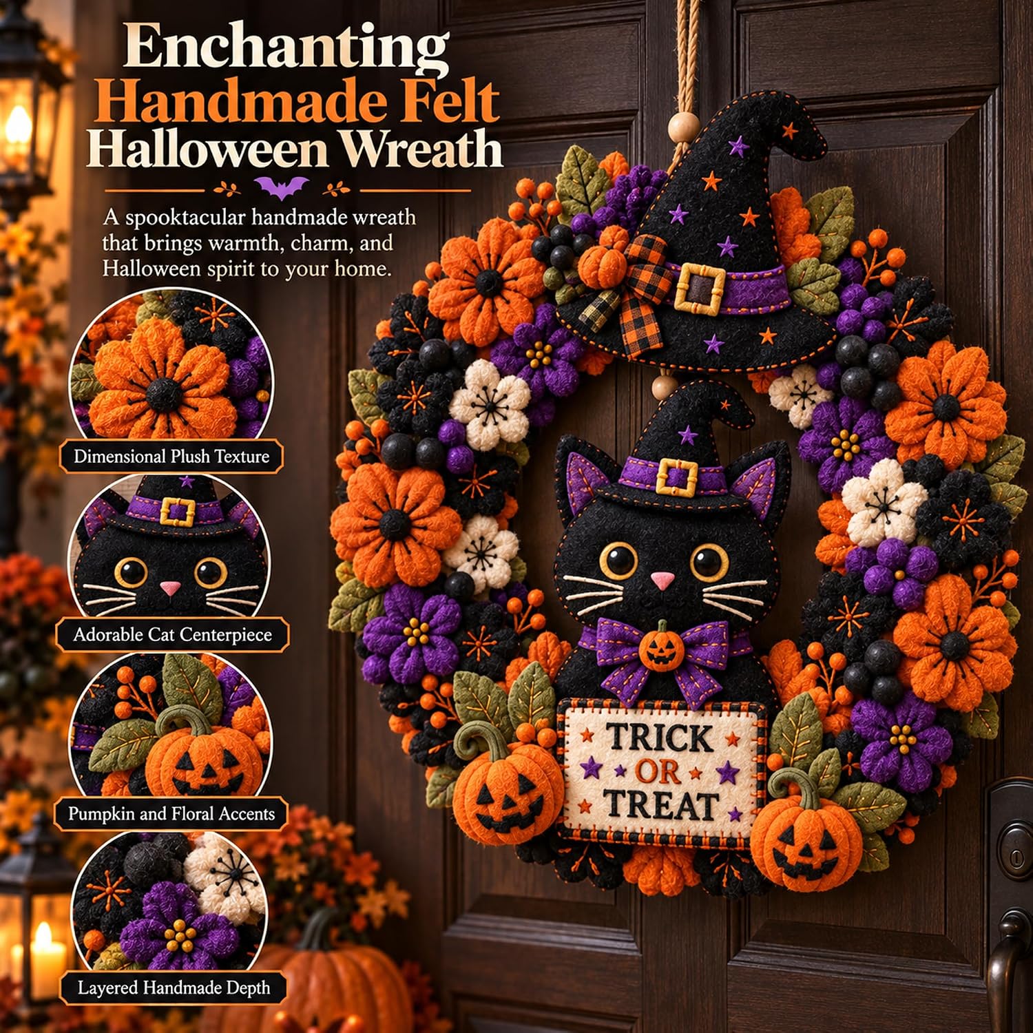 Christmas Wreath 3D Fabric Poke Art Kits for Adults (Black Cat)