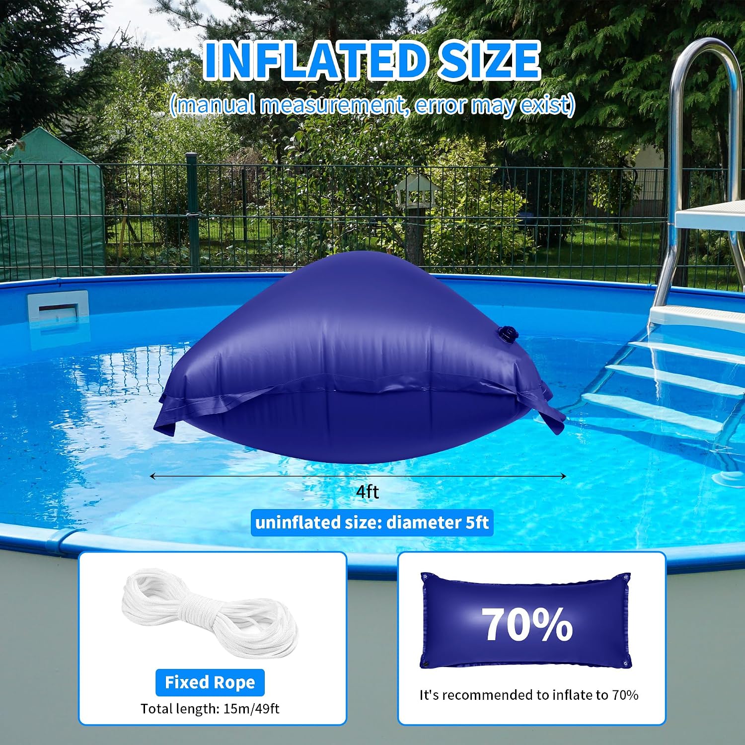 CACSPS 2 Pack Pool Pillow for for Above Ground Pools, 4x8 Ft Pool Air Pillow for Closing Winter Pool Winterizing Kit for Ground Pool, 0.5mm PVC Material, 2X 16.5Ft Rope (Blue)