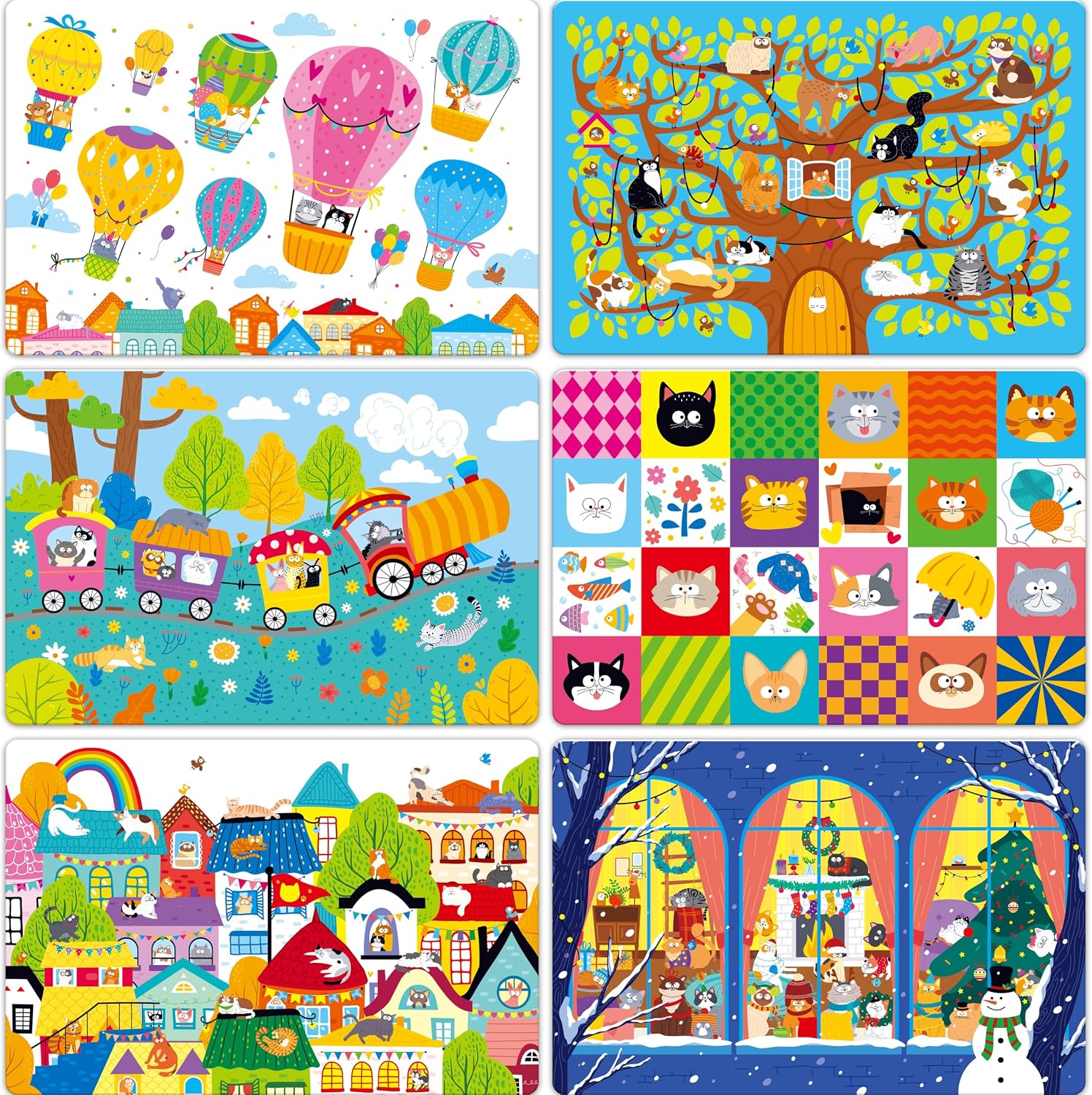 6 Pack Placemats for Kids, Non-Slip Washable Dining Mats, Reusable Cat-Themed Table Mats for Home, Kindergarten, Classroom, Nursery