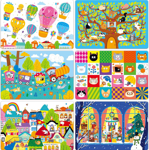 6 Pack Placemats for Kids, Non-Slip Washable Dining Mats, Reusable Cat-Themed Table Mats for Home, Kindergarten, Classroom, Nursery
