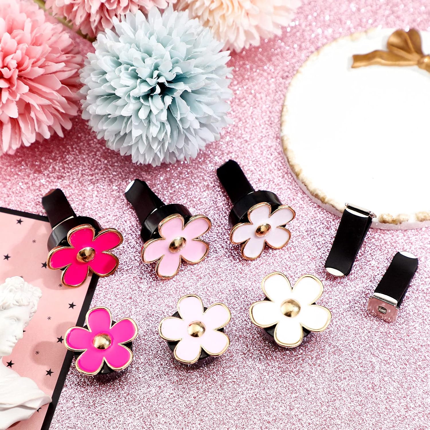 Frienda 6 Pcs Daisy Vent Clips for Car, 3/3.3 cm, Red, Pink, White