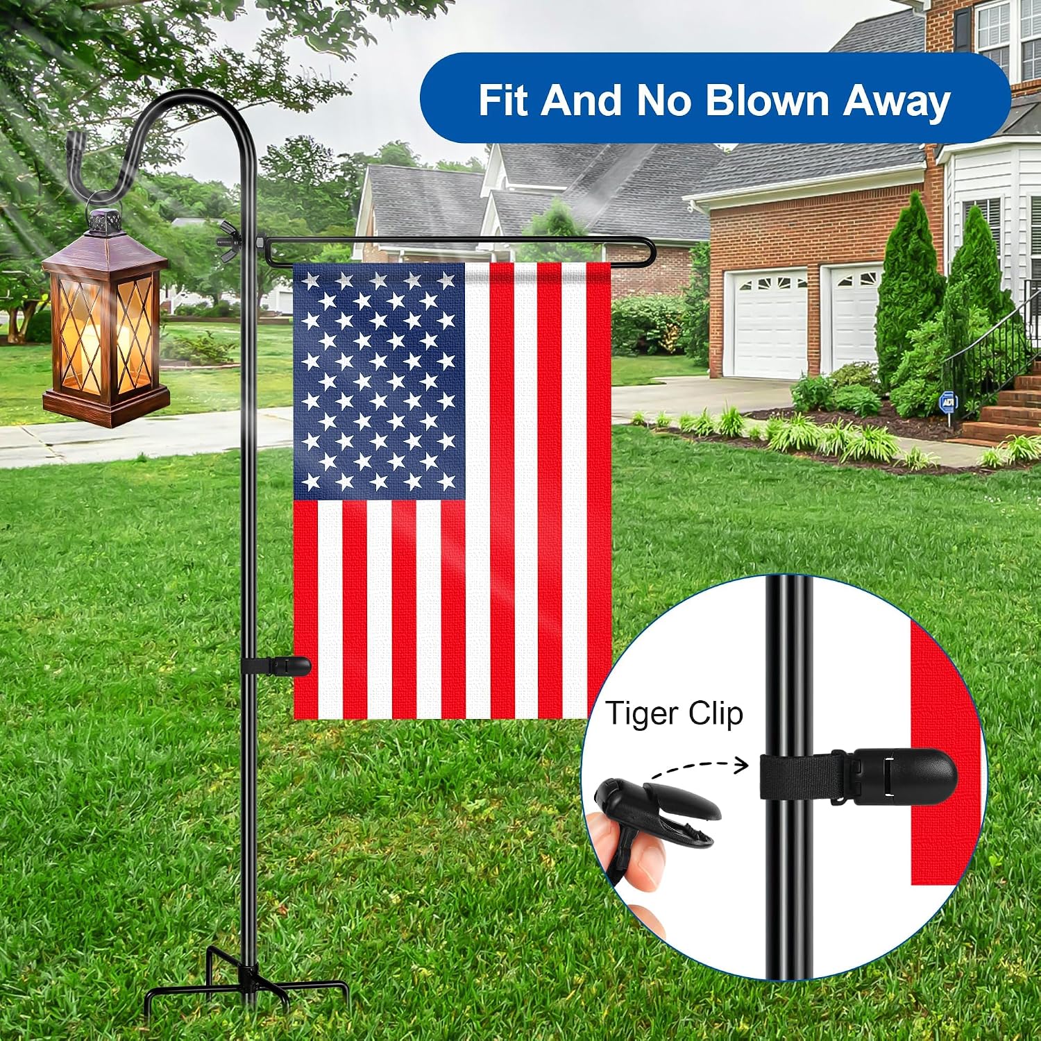 Garden Flag Holder with Shepherds Hook,Double Hoop Design Garden Flag Stand with 5 Prong Base,Yard Flags Holder with Clip (No Flags) for Outside House,Yard Decorations Outdoor