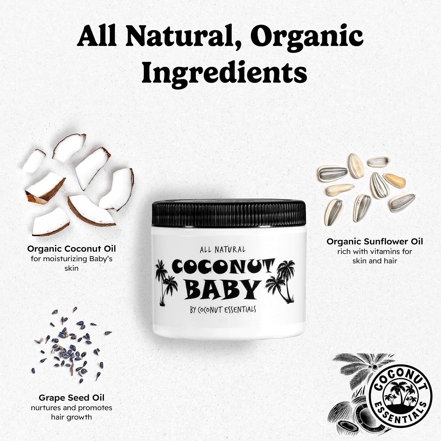 Coconut Essentials Coconut Baby Oil - Natural & Organic Moisturizer, Hair Oil for Cradle Cap Treatment, Newborn Sensitive Skin, Eczema & Psoriasis Relief, Unscented, Sunflower & GrapeSeed 4 floz