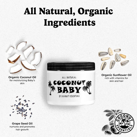 Coconut Essentials Coconut Baby Oil - Natural & Organic Moisturizer, Hair Oil for Cradle Cap Treatment, Newborn Sensitive Skin, Eczema & Psoriasis Relief, Unscented, Sunflower & GrapeSeed 4 floz