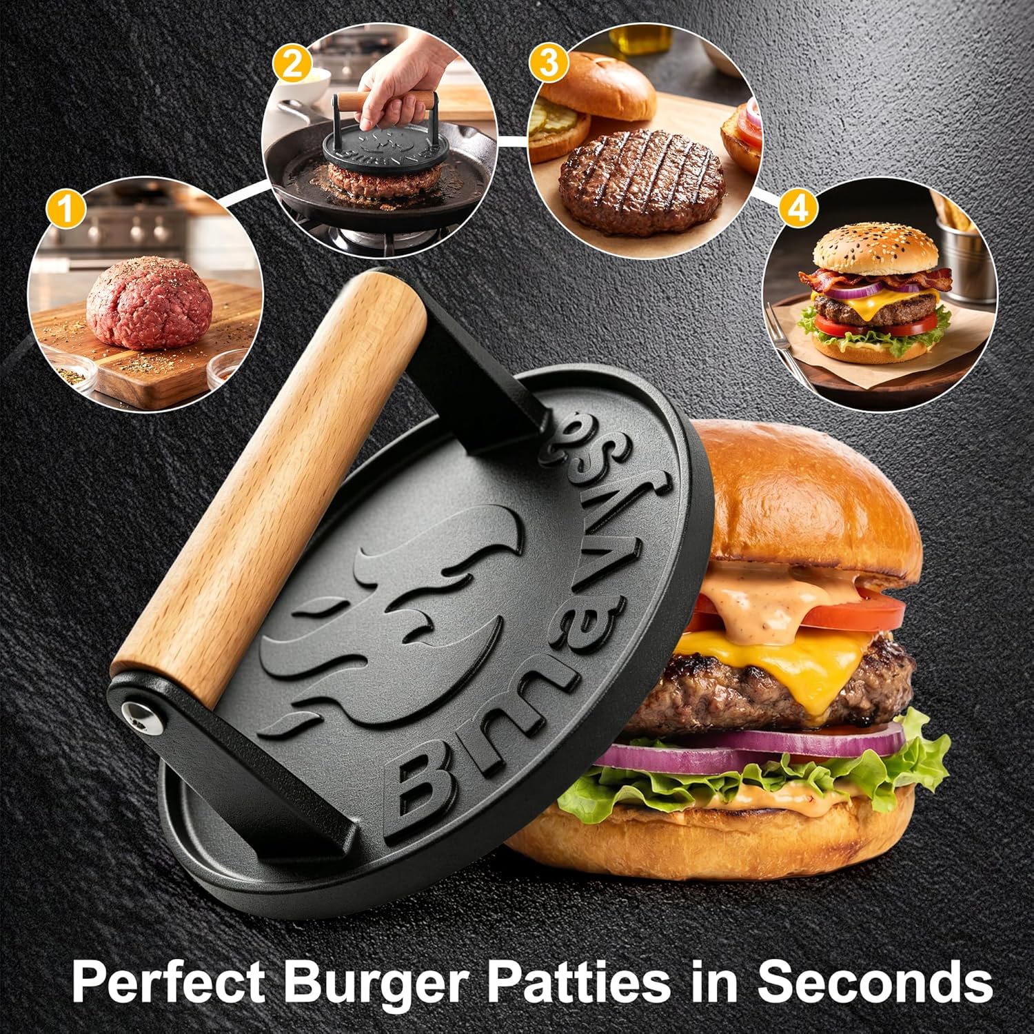 Heavy Duty Cast Iron Smash Burger Grill Press with Wooden Handle