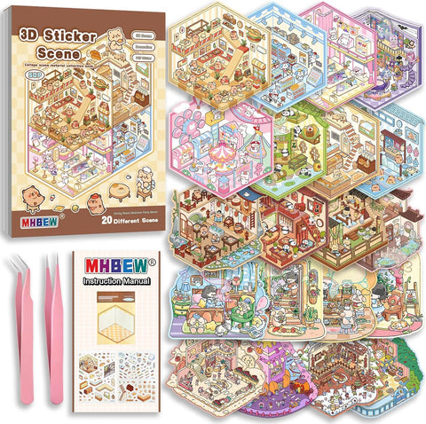 20 Sets DIY 3D Sticker Scene Book for Kids Adults Cozy Room Sticker Therapy