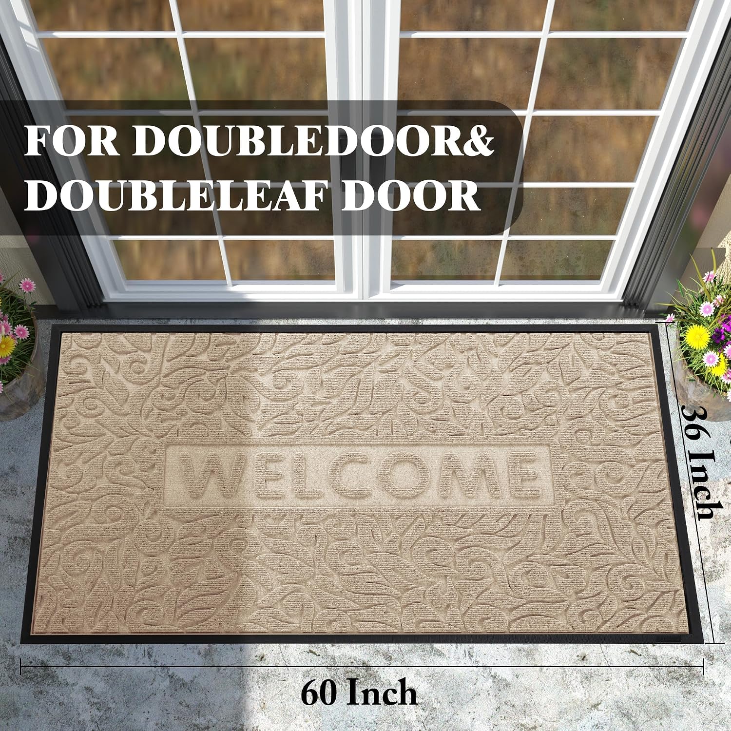 Yimobra Large Welcome Mat 60x36, Waterproof Non-Slip Outdoor Mats for Front Door Outside Entrance, Low-Profile Entryway Mat Indoor for Garage Patio, Beige