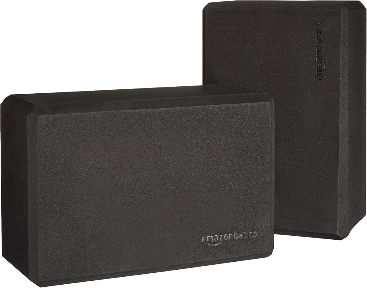 Amazon Basics Non-Slip Yoga Blocks, Set of 2, Deepen Poses, 4" x 9" x 6", Black