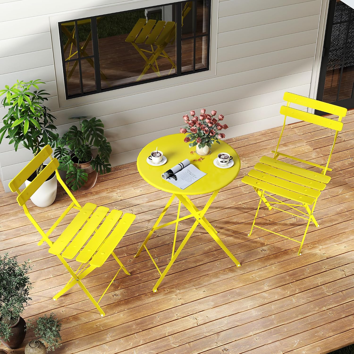 Kromax Outdoor 3 Piece Patio Bistro Set, Bistro Table and Chairs, Yellow