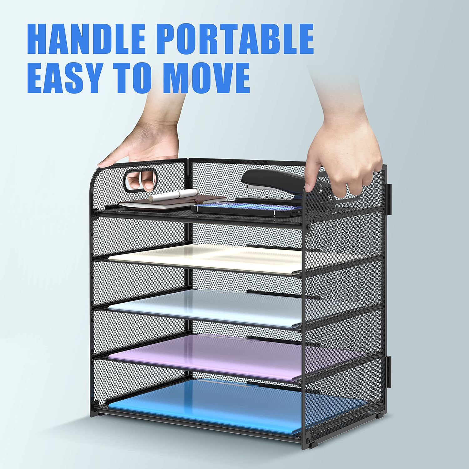 Supeasy 5 Trays Paper Organizer Letter Tray with Handle-Mesh Desk File Holders, Paper Sorter Desk Organizer for Office, Home, Classroom or School