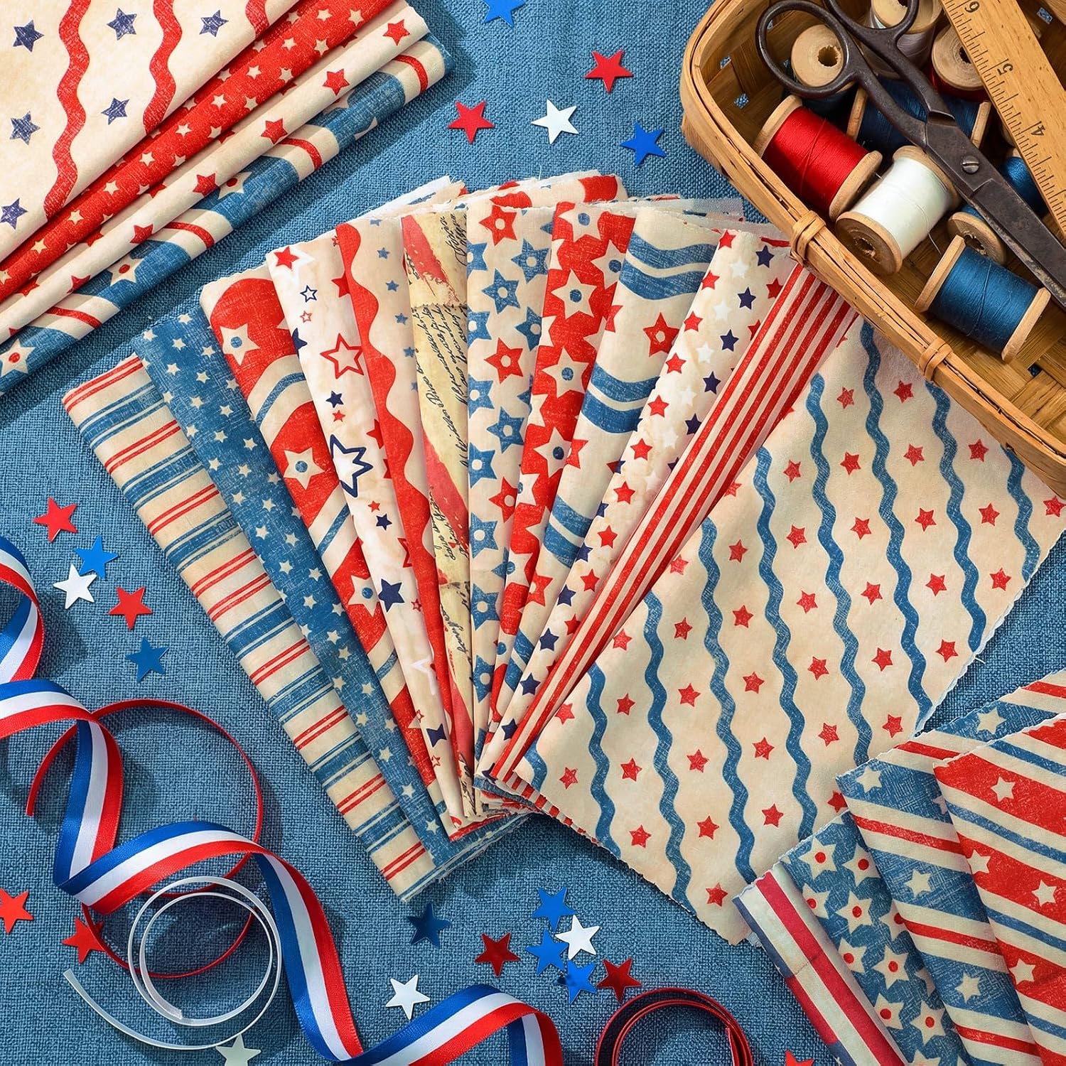 Ganeen 60 Pcs 10 x 10 Inch Vintage Red White Blue Quilting Fabric Squares