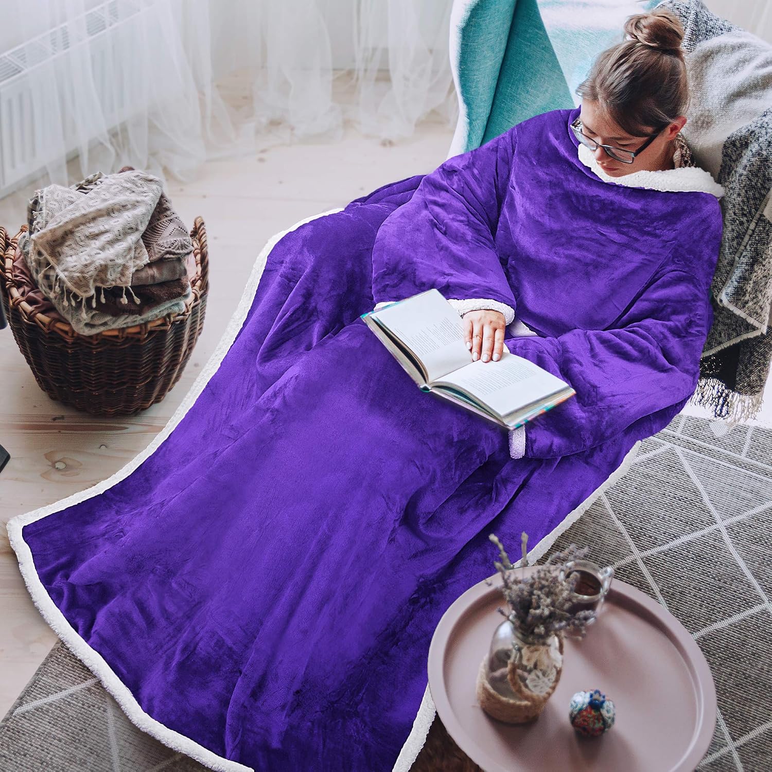 Tirrinia Sherpa Wearable Blanket With Sleeves, Full Body Throw Reading Wrap TV Blankets